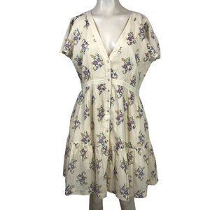 BILA - WOMEN LARGE - IVORY FLORAL SHORT SLEEVE BUTTON UP V NECK RUFFLE DRESS